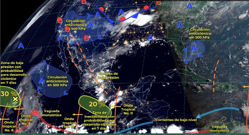 Mapa de sistemas meteorológicos activos en México hoy miércoles 17 de julio. SMN.