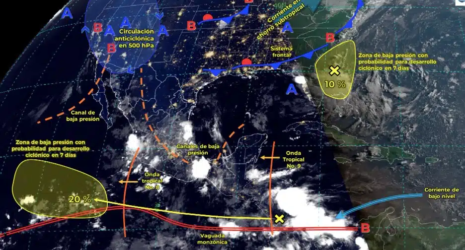 Mapa de sistemas meteorológicos activos en México y ambos océanos, hoy 11 de julio de 2024. Conagua-SMN