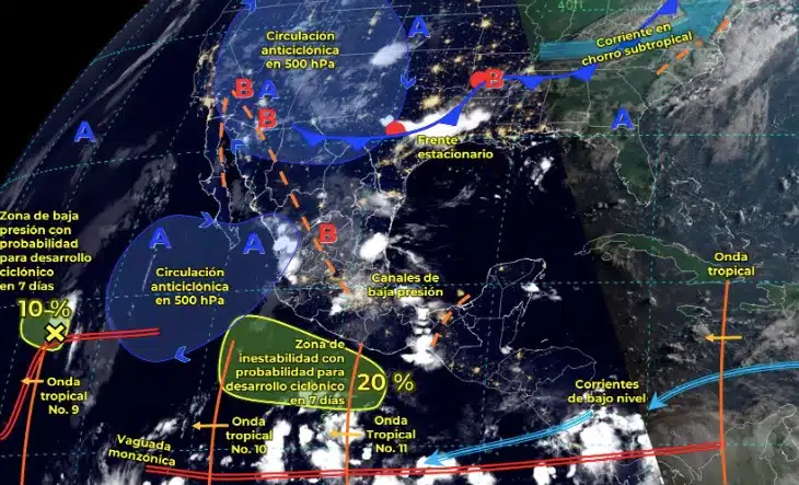 Mapa de sistemas meteorológicos activos este jueves 18 de julio en México.. Conagua-SMN.