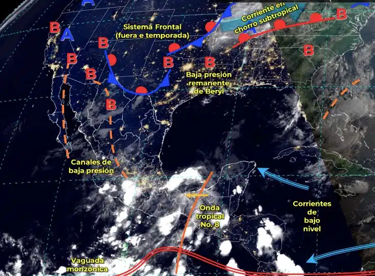 Mapa de sistemas meteorológicos activos este martes 9 de julio en México. Conagua-SMN.