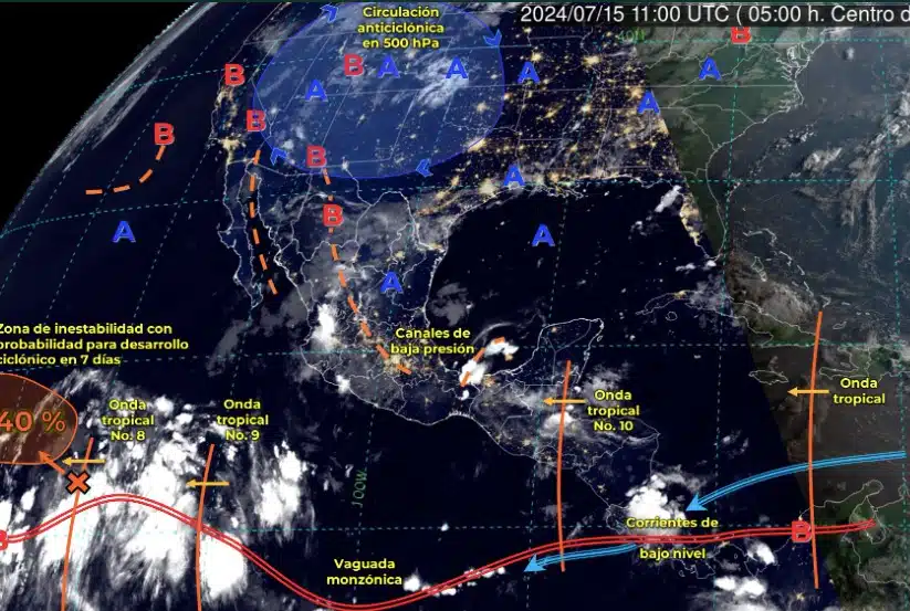 Mapa de sistemas meteorológicos activos hoy lunes 15 de julio en México. Conagua-SMN