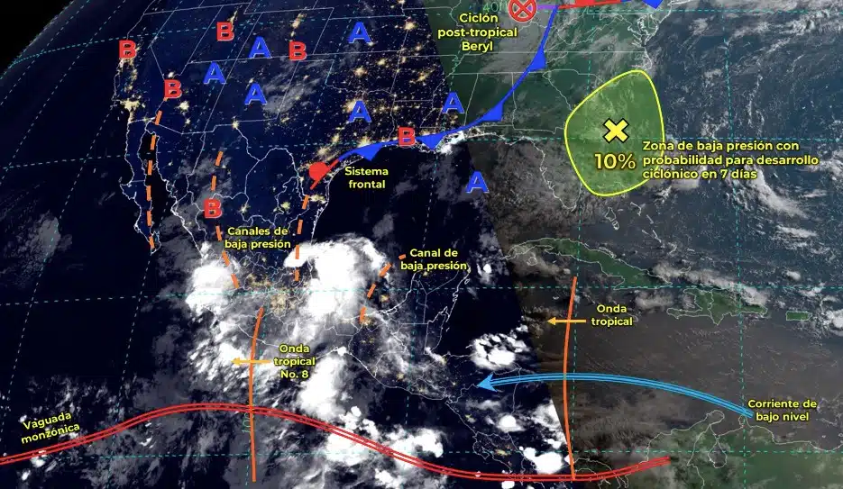 Mapa de sistemas meteorológicos activos hoy miércoles 10 de julio en México. Conagua-SMN