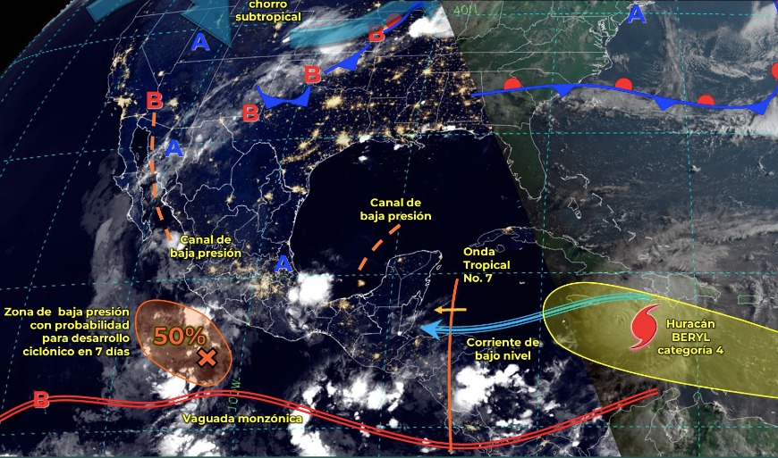 Mapa de sistemas meteorológicos activos que pueden afectar a México. Conagua-SMN