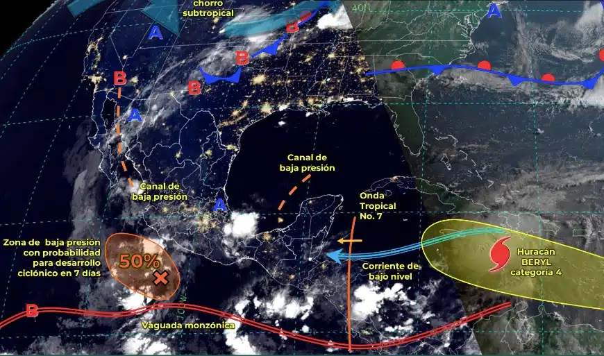 Mapa de sistemas meteorológicos activos que pueden afectar a México. Conagua-SMN