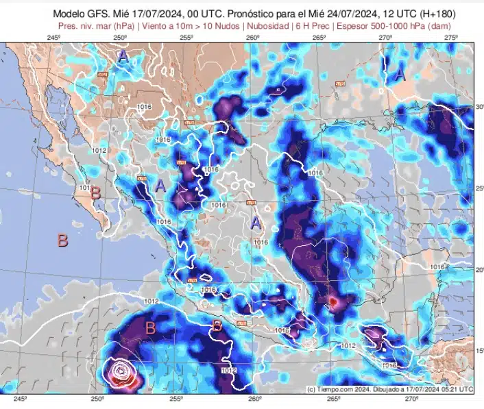 Modelos GFS así proyectan hacia el 24 de julio, el que podría ser el segundo ciclón de la temporada en el Pacífico. Meteored.mx