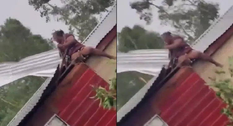 VIDEO: Mujer se aferra al techo de su casa para evitar que sea arrastrado por el huracán Beryl