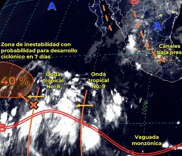 Muy lejos de costas mexicanas se localiza la zona de baja presión con probabilidad de desarrollo ciclónico en el océano Pacífico. Conagua-SMN.