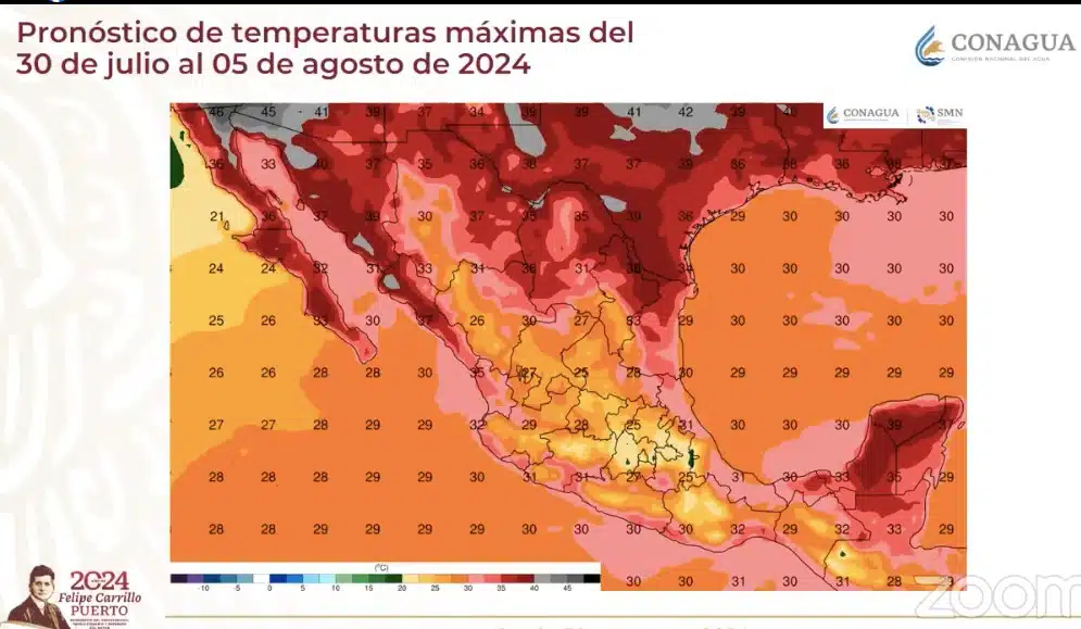 Pronóstico de temperaturas del 30 de julio al 5 de agosto en el que se marca a Sinaloa como uno de ls estados que podría mantener valores entre los 35 y 45º. SMN