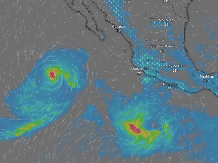 Proyección del sistema Windy de los dos posibles ciclones tropicales que podrían activarse la próxima semana en el Pacífico mexicano.