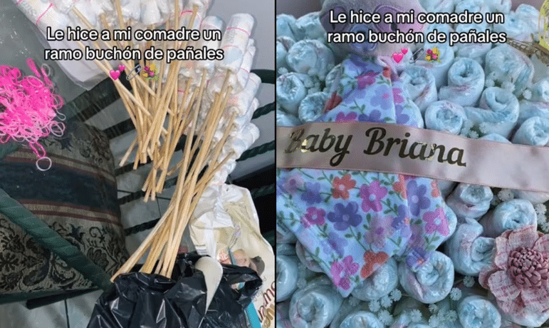 Mujer se viraliza tras crear ramo buchón con pañales para su comadre