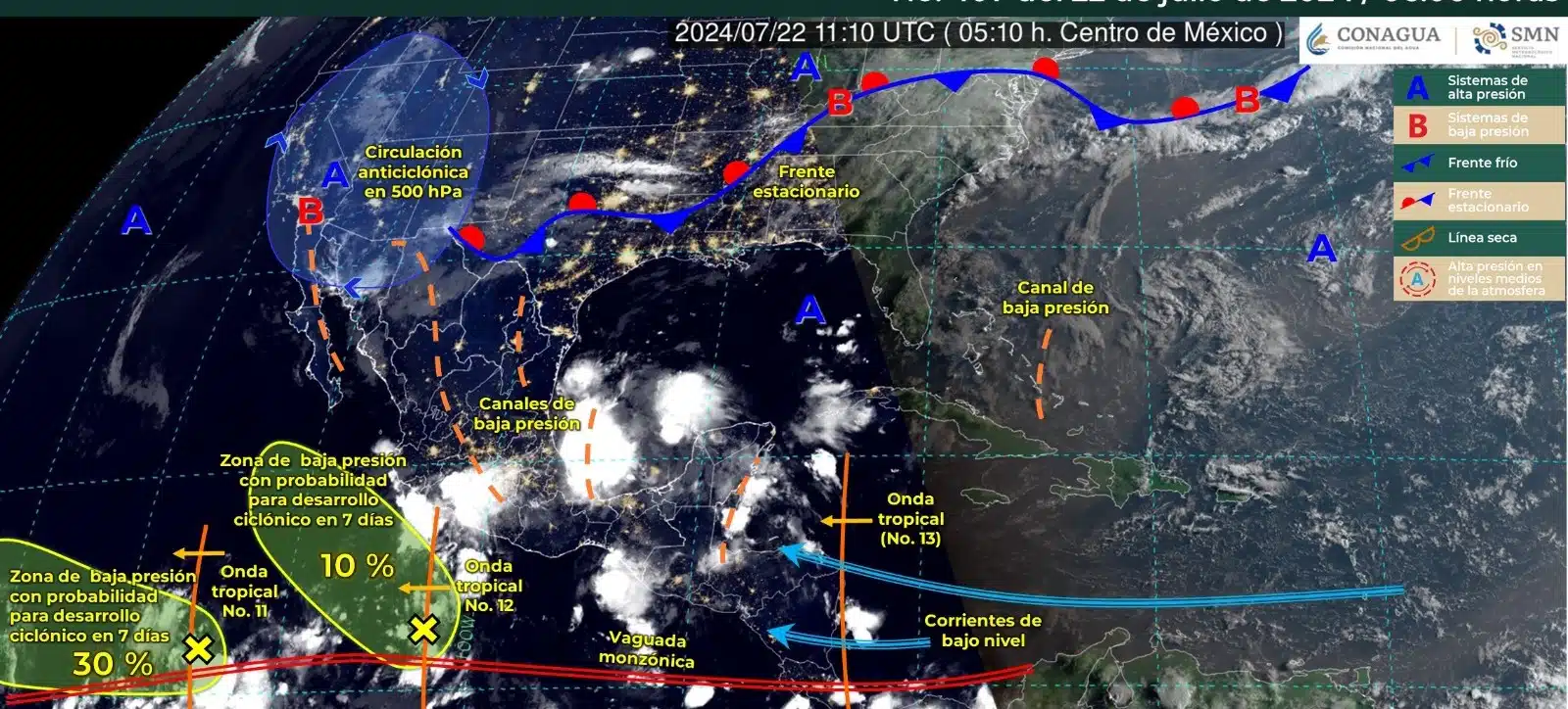 Sistemas meteorológicos activos en el Pacífico mexicano este lunes 22 de julio. Foto SMN