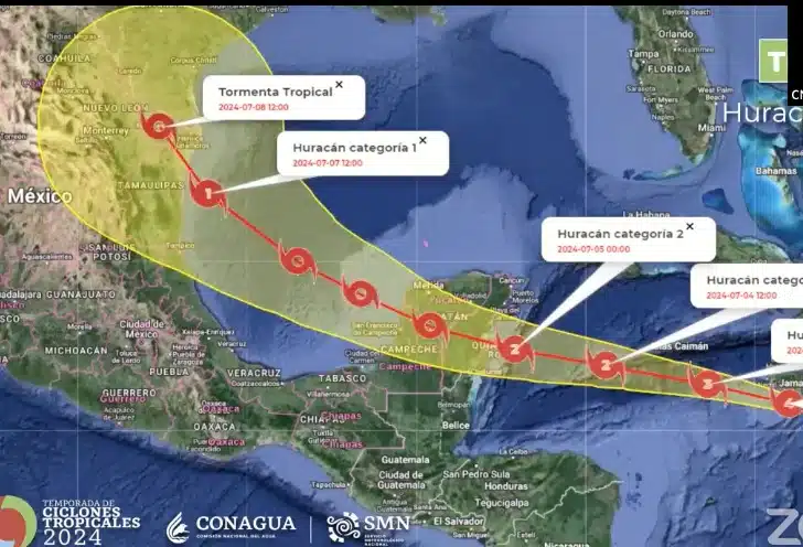 Posible trayectoria del huracán Beryl al momento de entrar a México probablemente entre jueves y viernes