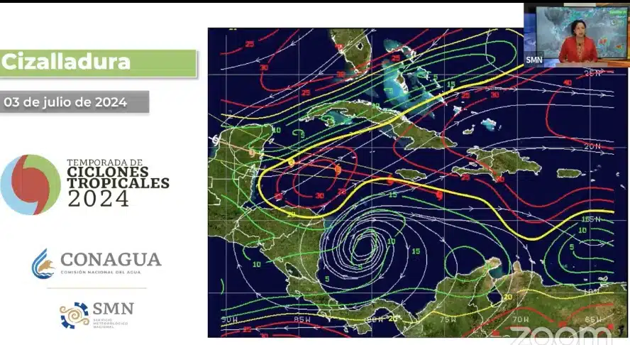 Mapa de vientos en zonas por donde transitará el huracán Beryl