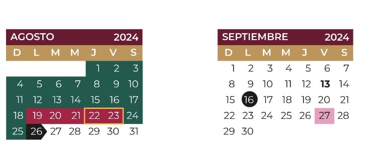 Calendario escolar 2024-2024 para los meses de agosto y septiembre. SEP