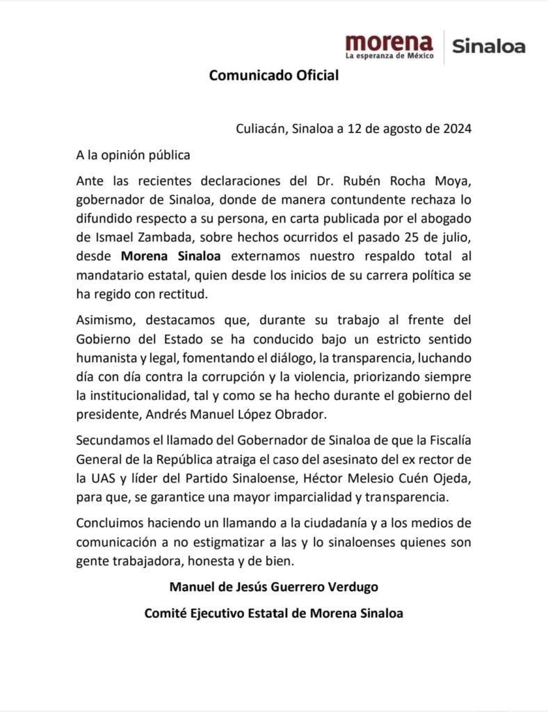 Comunicado oficial Morena Sinaloa