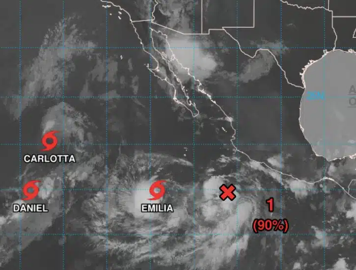 Con el 90 % de probabilidad para formar a la tormenta Fabio inicia la semana el océano Pacífico. Daniel, Carlota y Emilia siguen activos. NHC
