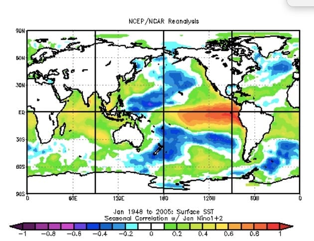 Correlación de la serie temporal de enero de El Niño 1+2 con la SST del NCEP (ERSSTV5). NOAA