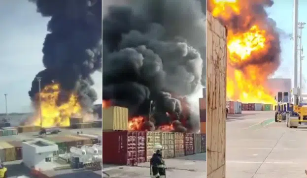 VIDEO: Se registra aparatoso incendio en terminal portuaria de Veracruz