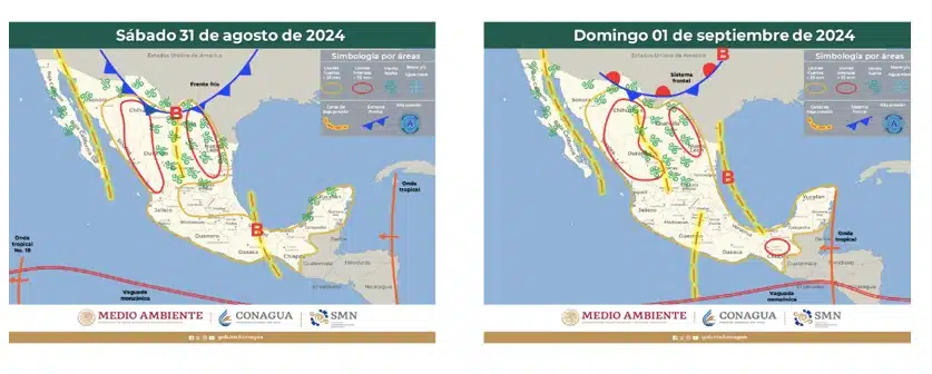 Las zonas marcadas con rojo tienen pronóstico de lluvias intensas, si estás en alguno de los estados indicados ¡toma precauciones!.