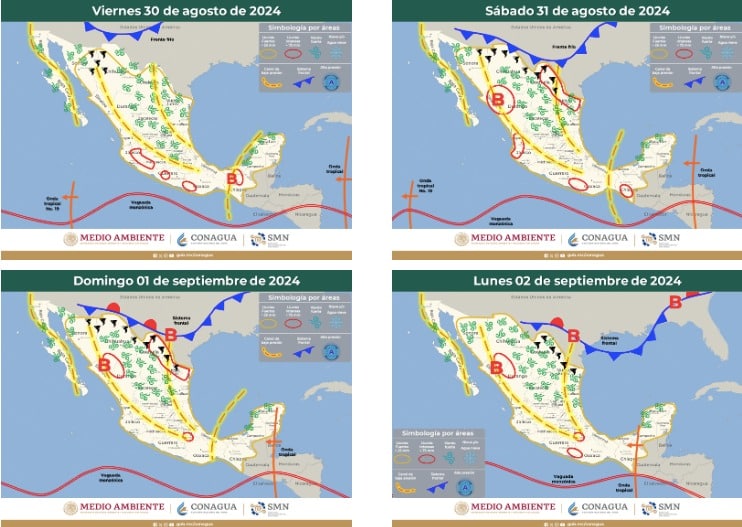 Mapa de pronóstico del clima extendido para México. Las marcadas en rojo indican lluvias intensas. SMN