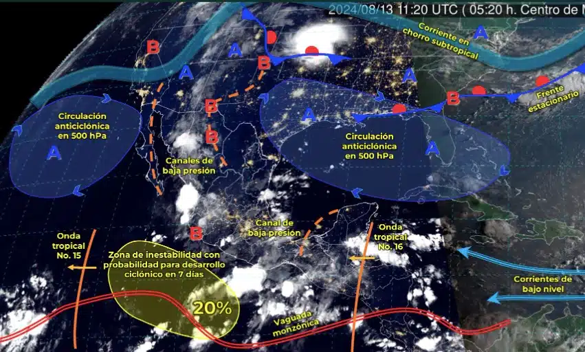 Mapa de sistemas meteorológicos activos este martes 13 de agosto en México. SMN.