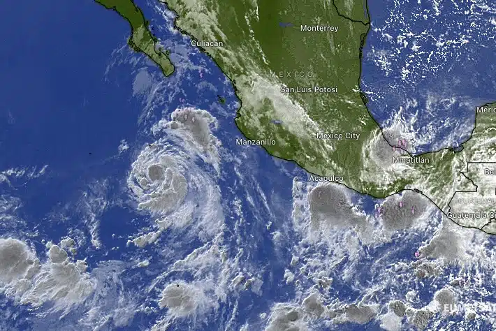 Proyección de la posición de la tormenta tropical Carlotta y las dos zonas de baja presión activas. Windy.