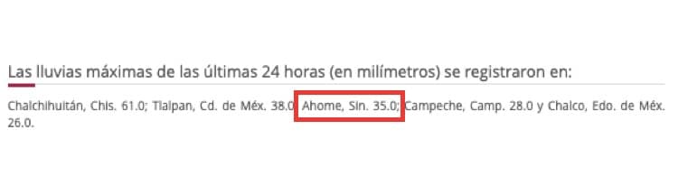 Reporte preliminar de lluvias registradas en 24 horas presentado por el Meteorológico Nacional este martes 20 de agosto