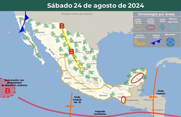 Áreas en vigilancia por desarrollo de tormentas significativas el sábado 24 de agosto.