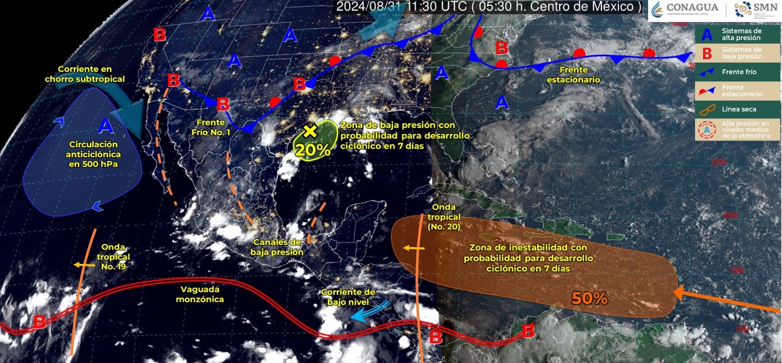 Sistemas meteorológicos activos en el Pacífico mexicano