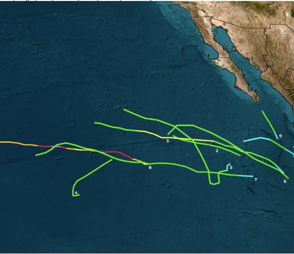 Así se han marcado hasta el momento los 9 ciclones tropicales registrados ya en el océano Pacífico.