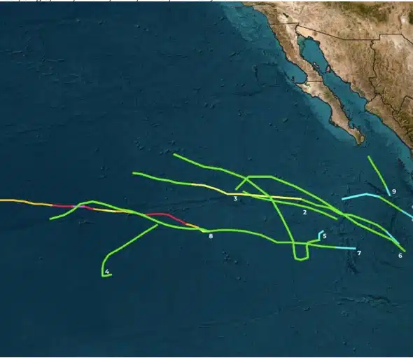 Así se han marcado hasta el momento los 9 ciclones tropicales registrados ya en el océano Pacífico.