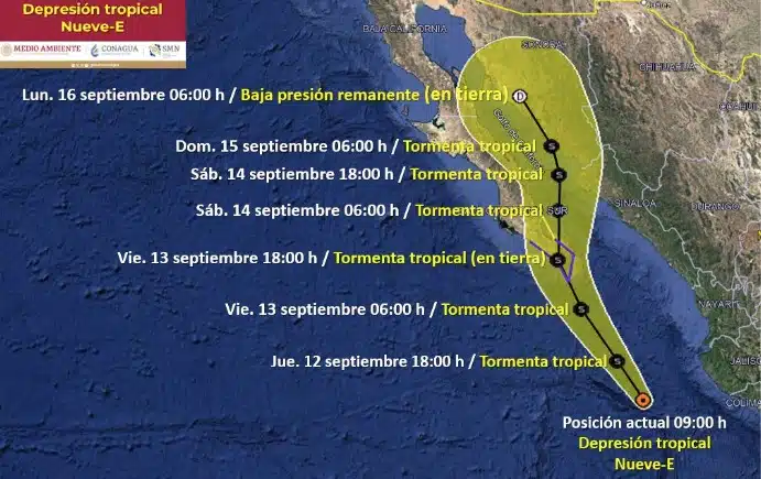 Así viene la posible trayectoria de la Depresión tropical Nueve-E, que este mismo 12 de septiembre asumirá la categoría de tormenta tropical Ileana