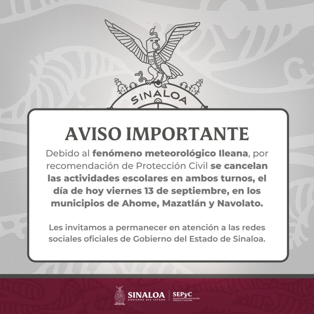 Aviso de suspensión de clases en Ahome, Mazatlán y Navolato