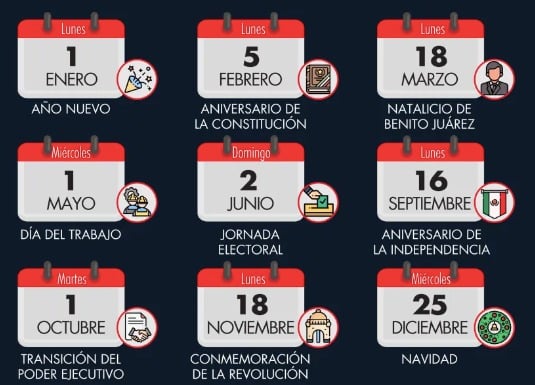 Calendario de días feriados para los trabajadores de México. STPS