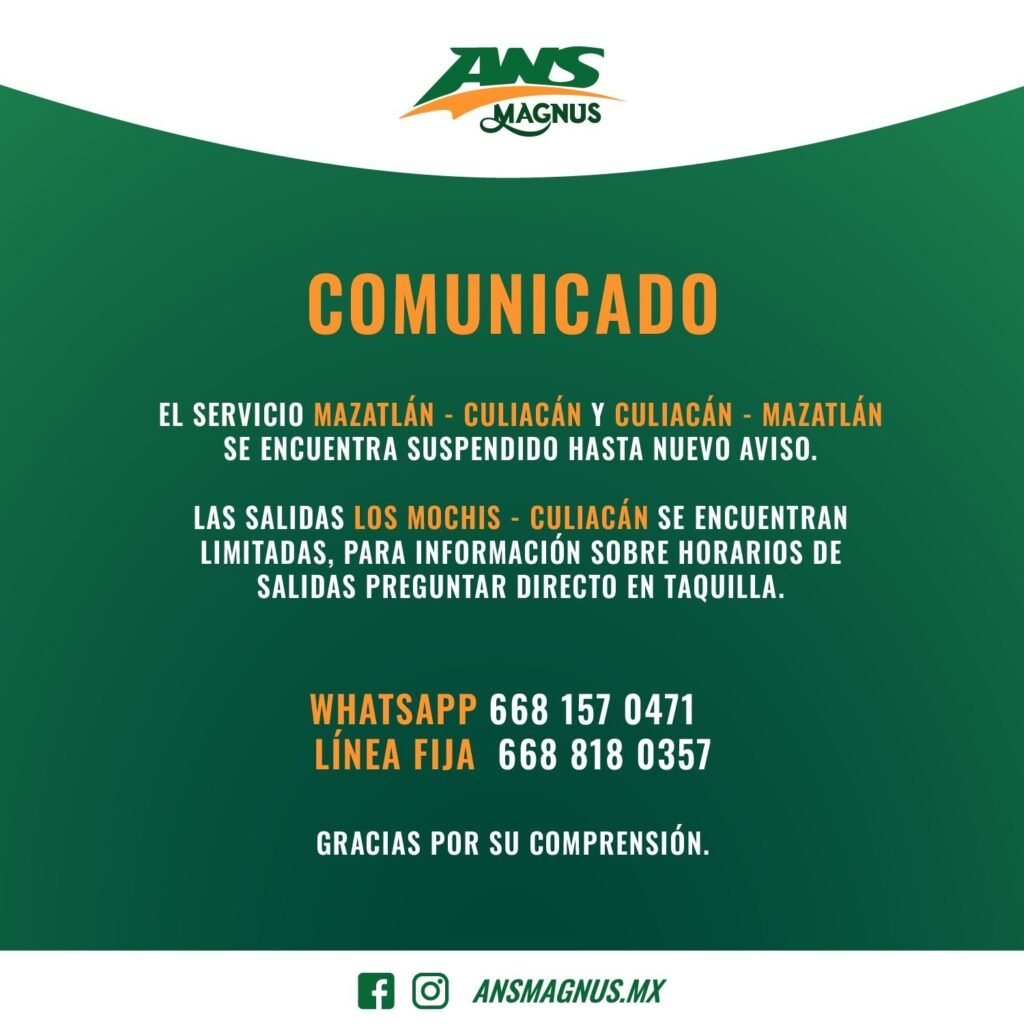 Comunicado de Autobuses Norte de Sinaloa.