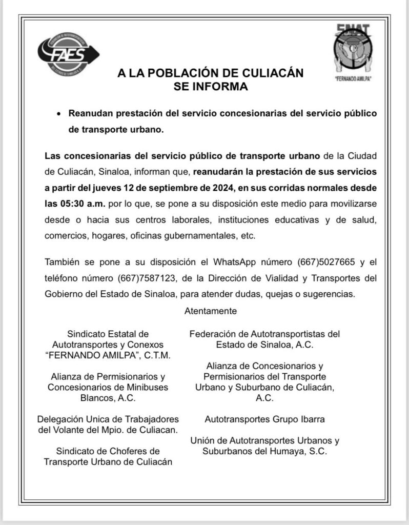 Comunicado de reanudación de servicio de camiones en Culiacán