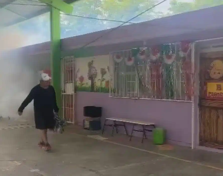 Habitantes de Ruiz Cortines fumigaron escuelas este domingo.