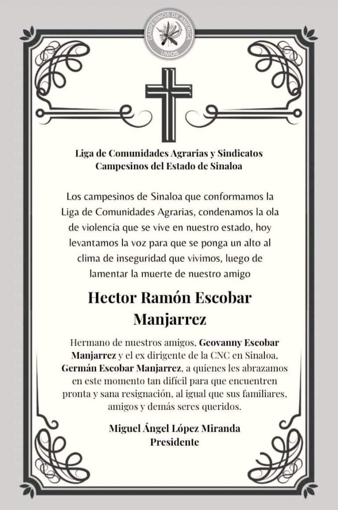 Dirigentes campesinos de Sinaloa lamentan la pérdida de Héctor Ramón Escobar.