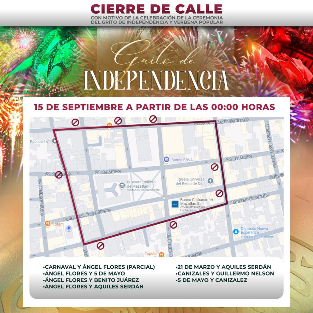  Habrá cierre de calles en el Centro de Mazatlán por los festejos patrios