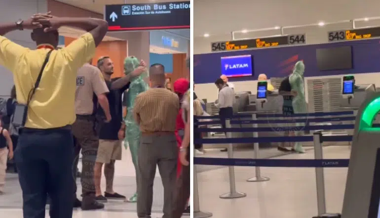 VIDEO: Hombre arriba al aeropuerto envuelto en cinta adhesiva para tratar de pasar como equipaje