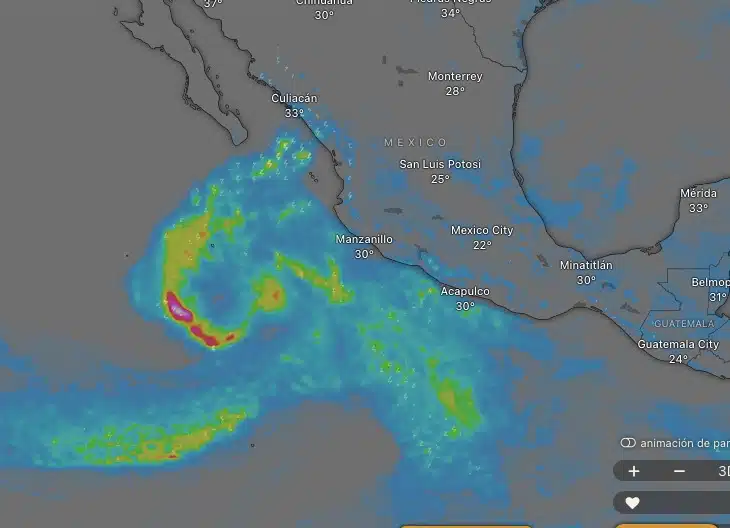 La plataforma Windy así marca el nacimiento de un posible ciclón tropical en el Pacífico hacia el viernes 13 de septiembre.