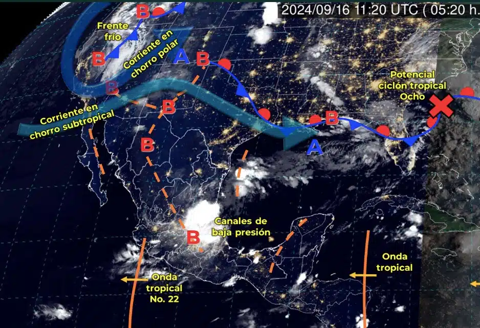 Mapa de sistemas meteorológicos activos hoy 16 de septiembre de 2024 en México. El frente frío 2 se observa en la parte superior izquierda de la imagen. SMN