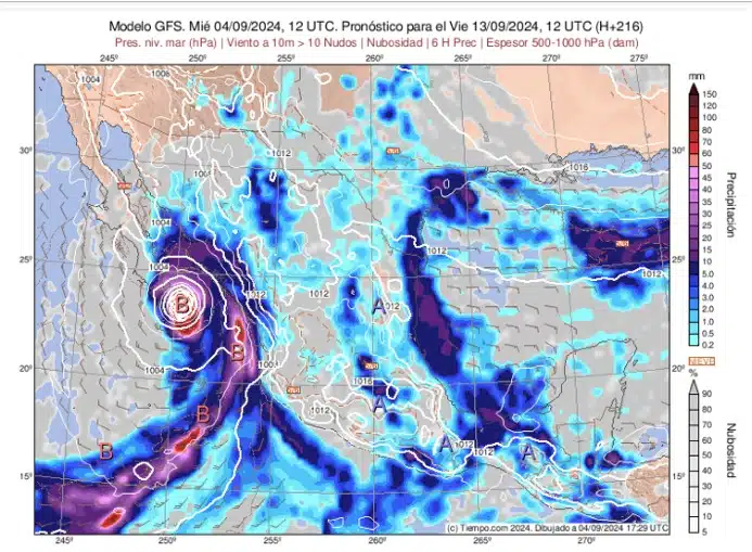 Modelo GFS del servicio Meteored.mx que marca el posible choque de un sistema tropical en Baja California Sur.