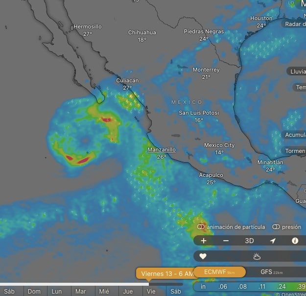 Modelo de pronóstico de la plataforma Windy que marca el posible choque de un sistema tropical hacia el viernes 13 de septiembre en Baja California Sur.