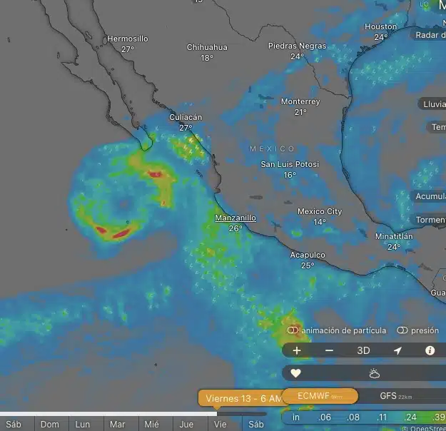 Modelo de pronóstico de la plataforma Windy que marca el posible choque de un sistema tropical hacia el viernes 13 de septiembre en Baja California Sur.