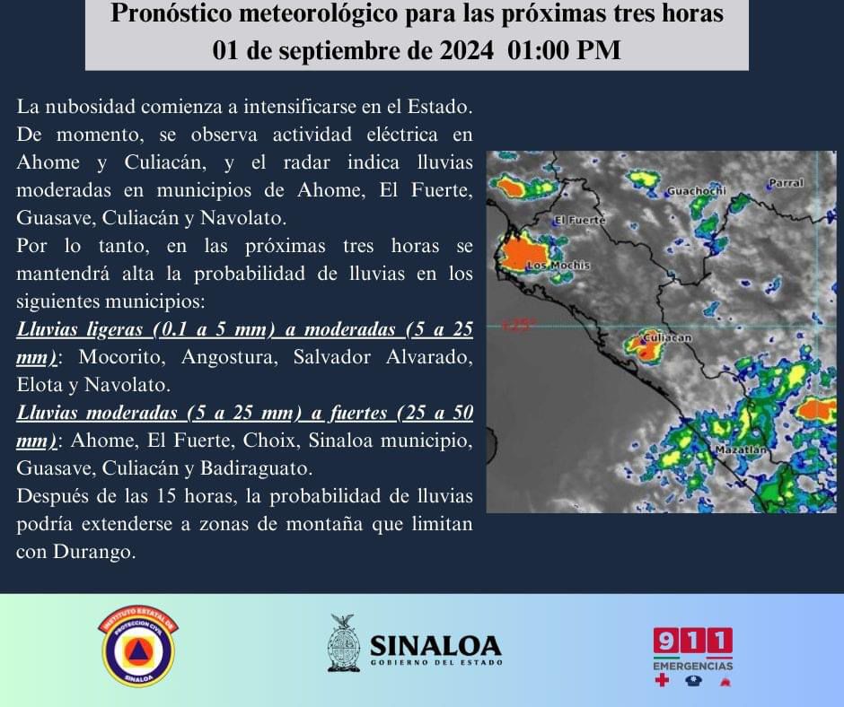 Pronóstico meteorológico a tres horas de Protección Civil Sinaloa