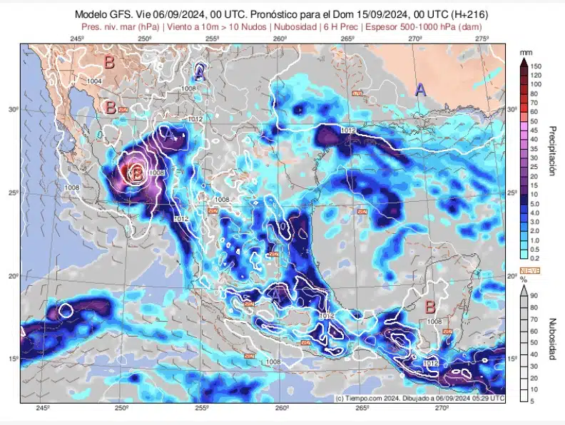 Proyección del modelo GFS del servicio Meteored.mx que marca el acercamiento o posible choque de un sistema tropical en costas el Pacífico mexicano (BCS, Sinaloa o Sonora) .