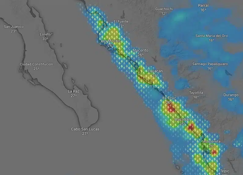 Proyección del sistema Windy sobre las lluvias matutinas de este 6 de septiembre en Sinaloa.