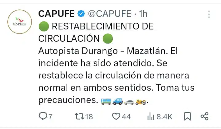 Reabren la circulación en la autopista Mazatlán-Durango