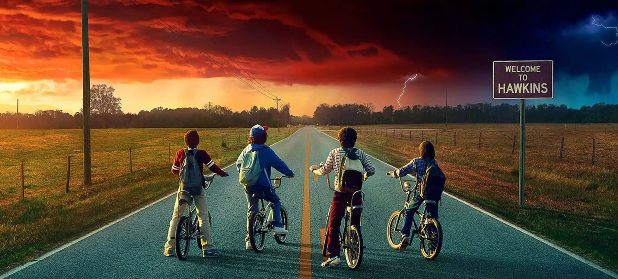 Imagen de los protagonistas de Stranger Things en el pueblo de Hawkins